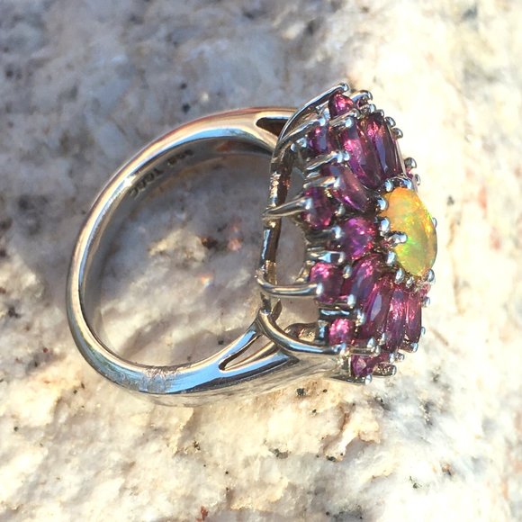 Genuine Opal & Garnet Halo Ring .925 Sterling Silver Natural Gemstones Sz 5 or 7 - Picture 12 of 16